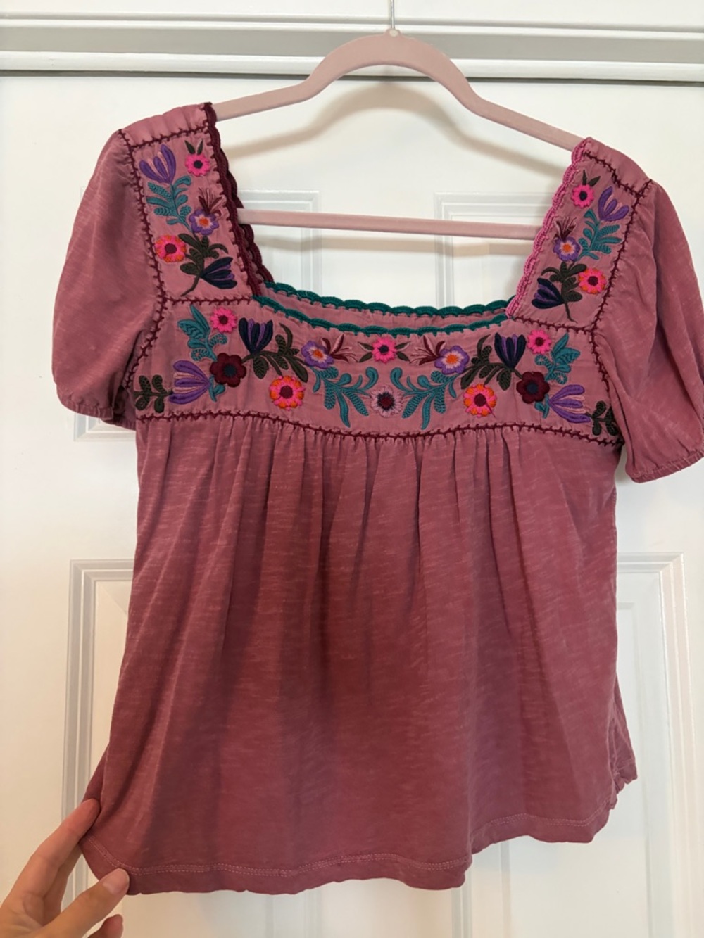 Lucky Brand Mauve Embroidered Square-Neck Peasant Top